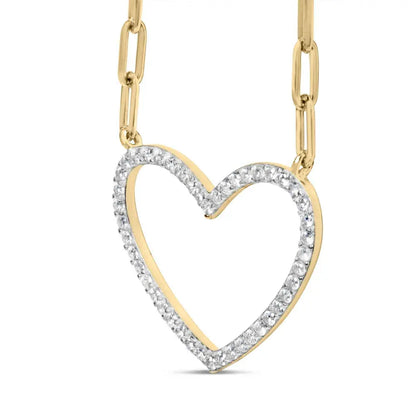14k yellow gold plated.925 sterling silver 1/4 cttw diamond open heart with paperclip chain pendant necklace (i j color i2 i3