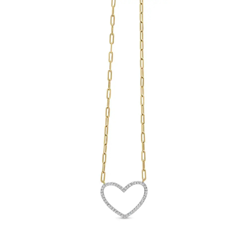 14k yellow gold plated.925 sterling silver 1/4 cttw diamond open heart with paperclip chain pendant necklace (i j color i2 i3