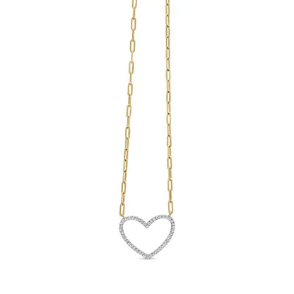 14k yellow gold plated.925 sterling silver 1/4 cttw diamond open heart with paperclip chain pendant necklace (i j color i2 i3