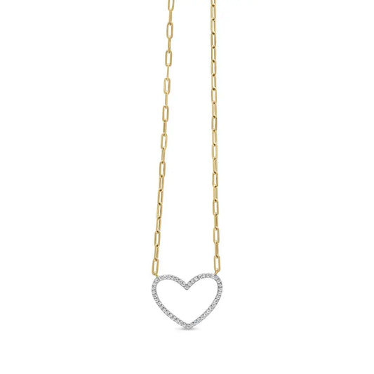 14k yellow gold plated.925 sterling silver 1/4 cttw diamond open heart with paperclip chain pendant necklace (i j color i2 i3