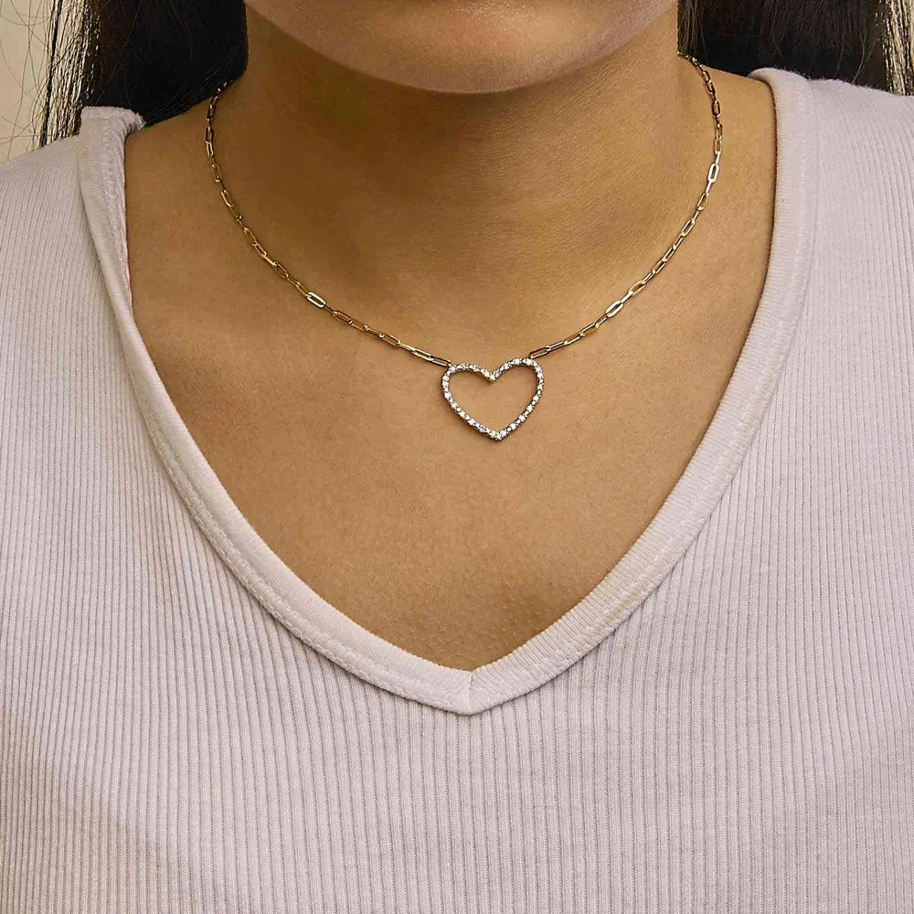 14k yellow gold plated.925 sterling silver 1/4 cttw diamond open heart with paperclip chain pendant necklace (i j color i2 i3