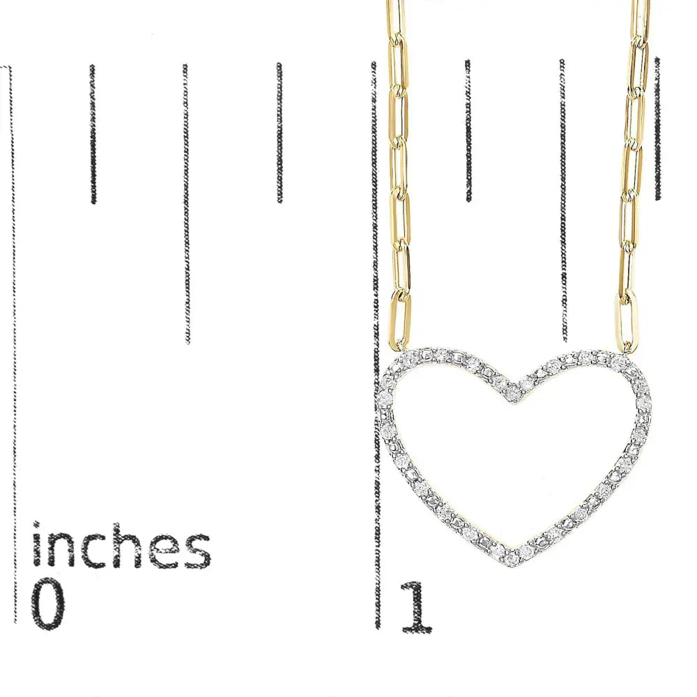 14k yellow gold plated.925 sterling silver 1/4 cttw diamond open heart with paperclip chain pendant necklace (i j color i2 i3