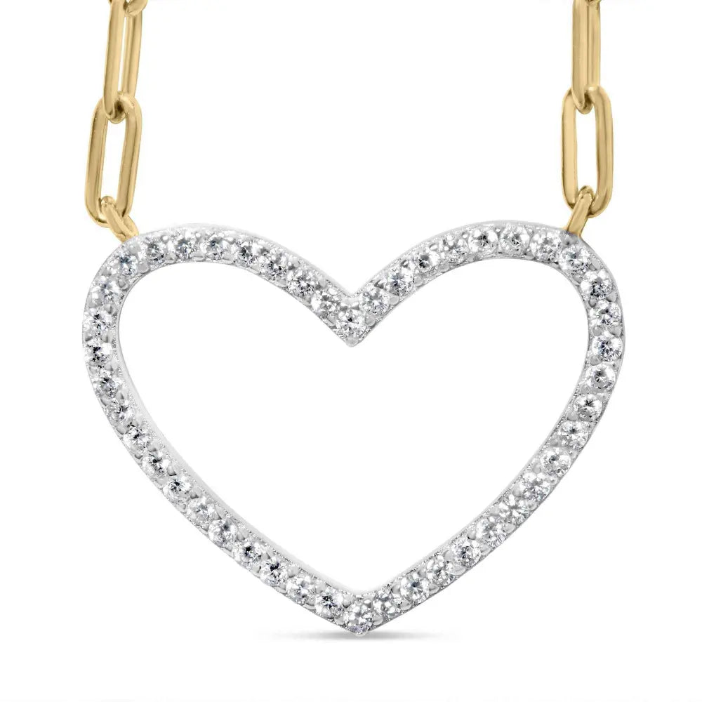 14k yellow gold plated.925 sterling silver 1/4 cttw diamond open heart with paperclip chain pendant necklace (i j color i2 i3