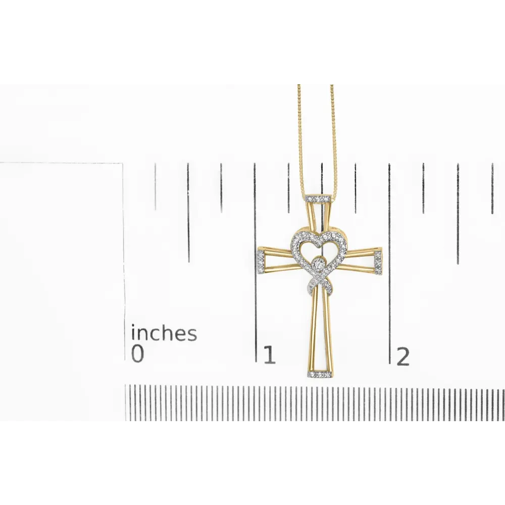 14k yellow gold plated.925 sterling silver 1/6 cttw diamond interlocking heart and ribbon cross pendant necklace (h i color i2 i3
