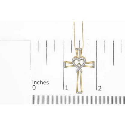 14k yellow gold plated.925 sterling silver 1/6 cttw diamond interlocking heart and ribbon cross pendant necklace (h i color i2 i3