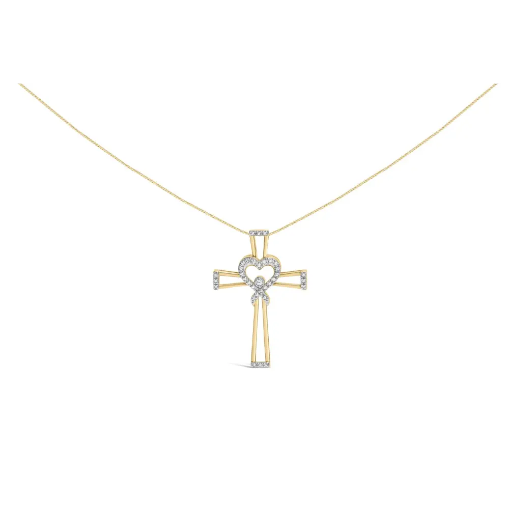14k yellow gold plated.925 sterling silver 1/6 cttw diamond interlocking heart and ribbon cross pendant necklace (h i color i2 i3