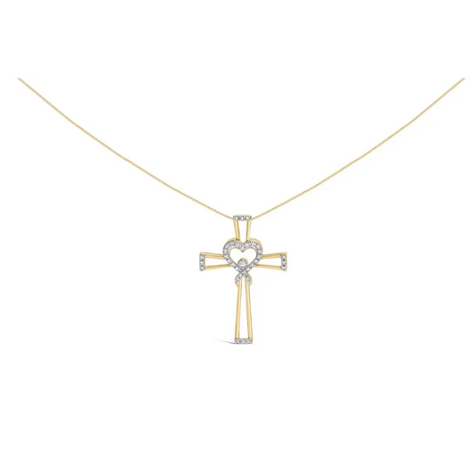 14k yellow gold plated.925 sterling silver 1/6 cttw diamond interlocking heart and ribbon cross pendant necklace (h i color i2 i3