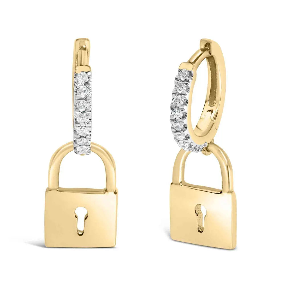 14K Yellow Gold Plated .925 Sterling Silver 1/6 Cttw Diamond Lock Hoop Earring (I-J Color, I3 Clarity) - Bijoux-NYC Direct