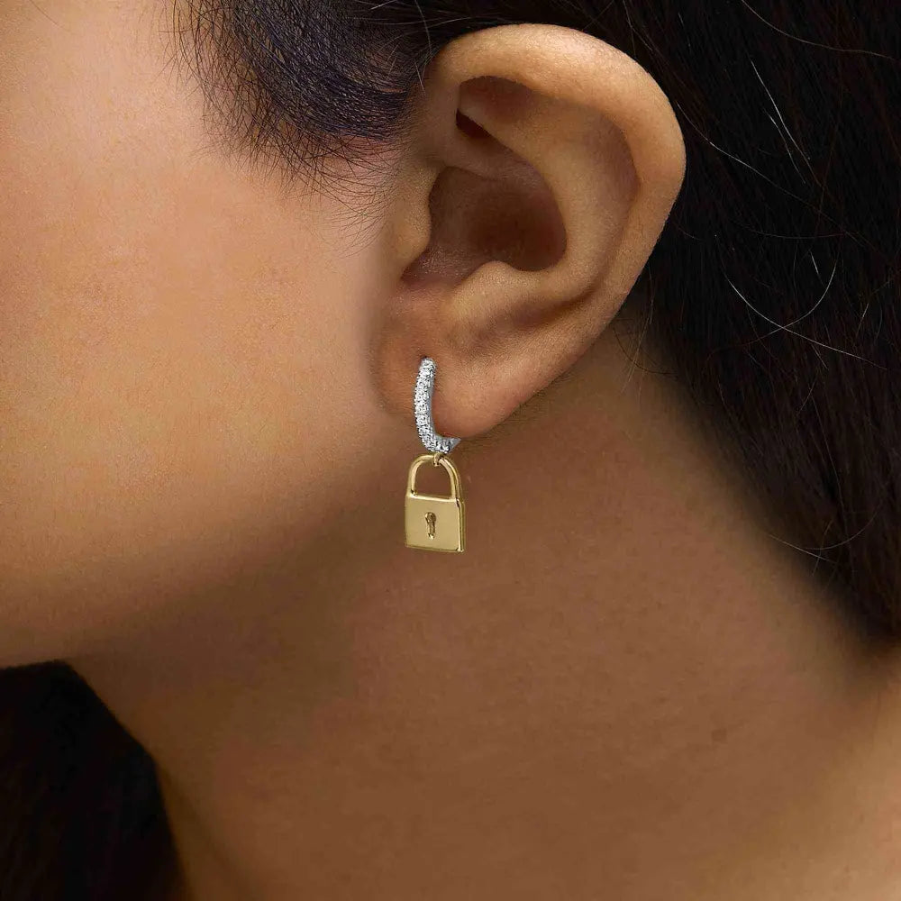14K Yellow Gold Plated .925 Sterling Silver 1/6 Cttw Diamond Lock Hoop Earring (I-J Color, I3 Clarity) - Bijoux-NYC Direct