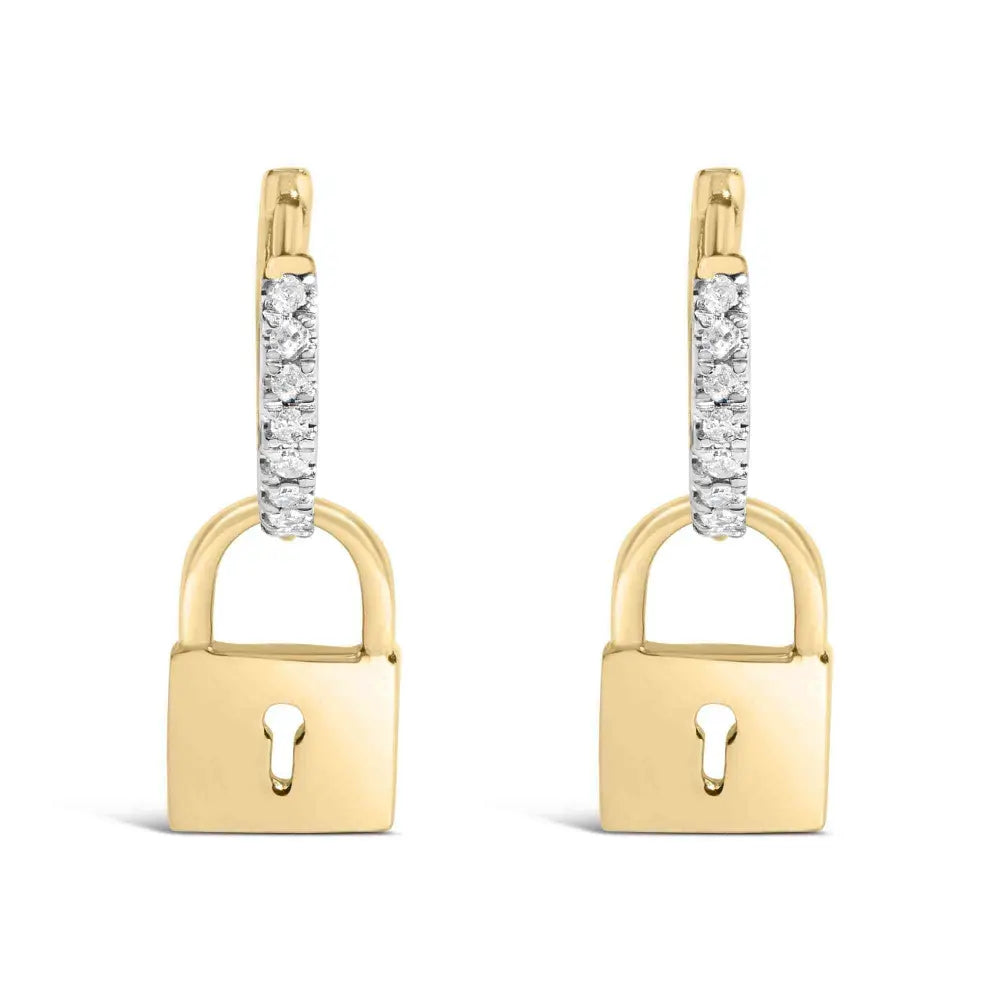 14K Yellow Gold Plated .925 Sterling Silver 1/6 Cttw Diamond Lock Hoop Earring (I-J Color, I3 Clarity) - Bijoux-NYC Direct