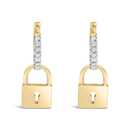 14K Yellow Gold Plated .925 Sterling Silver 1/6 Cttw Diamond Lock Hoop Earring (I-J Color, I3 Clarity) - Bijoux-NYC Direct