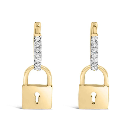 14K Yellow Gold Plated .925 Sterling Silver 1/6 Cttw Diamond Lock Hoop Earring (I-J Color, I3 Clarity) - Bijoux-NYC Direct