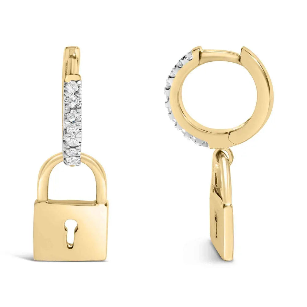 14K Yellow Gold Plated .925 Sterling Silver 1/6 Cttw Diamond Lock Hoop Earring (I-J Color, I3 Clarity) - Bijoux-NYC Direct