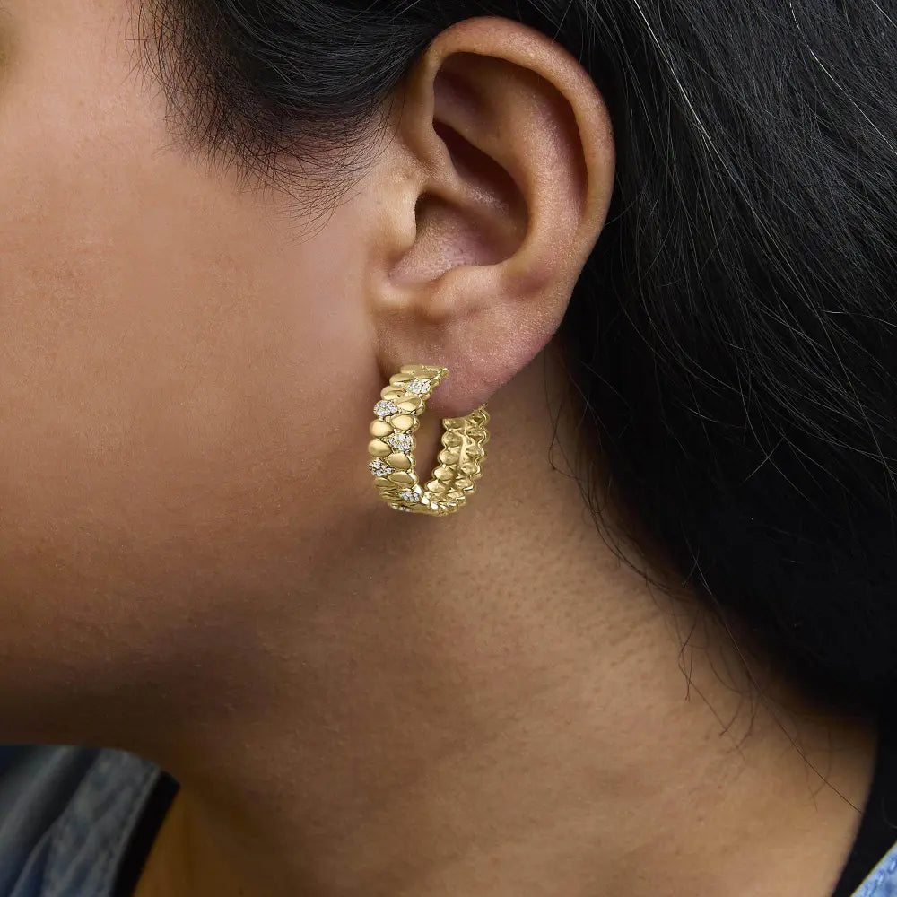 14K Yellow Gold Plated .925 Sterling Silver 3/8 Cttw Diamond Pave Pear Link J Hoop Earrings (H-I Color, I1-I2 Clarity) - Bijoux-NYC Direct