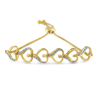 14K Yellow Gold Plated .925 Sterling Silver Diamond Accent Heart Link Bolo Bracelet (H-I Color, I2-I3 Clarity) - Bijoux-NYC Direct