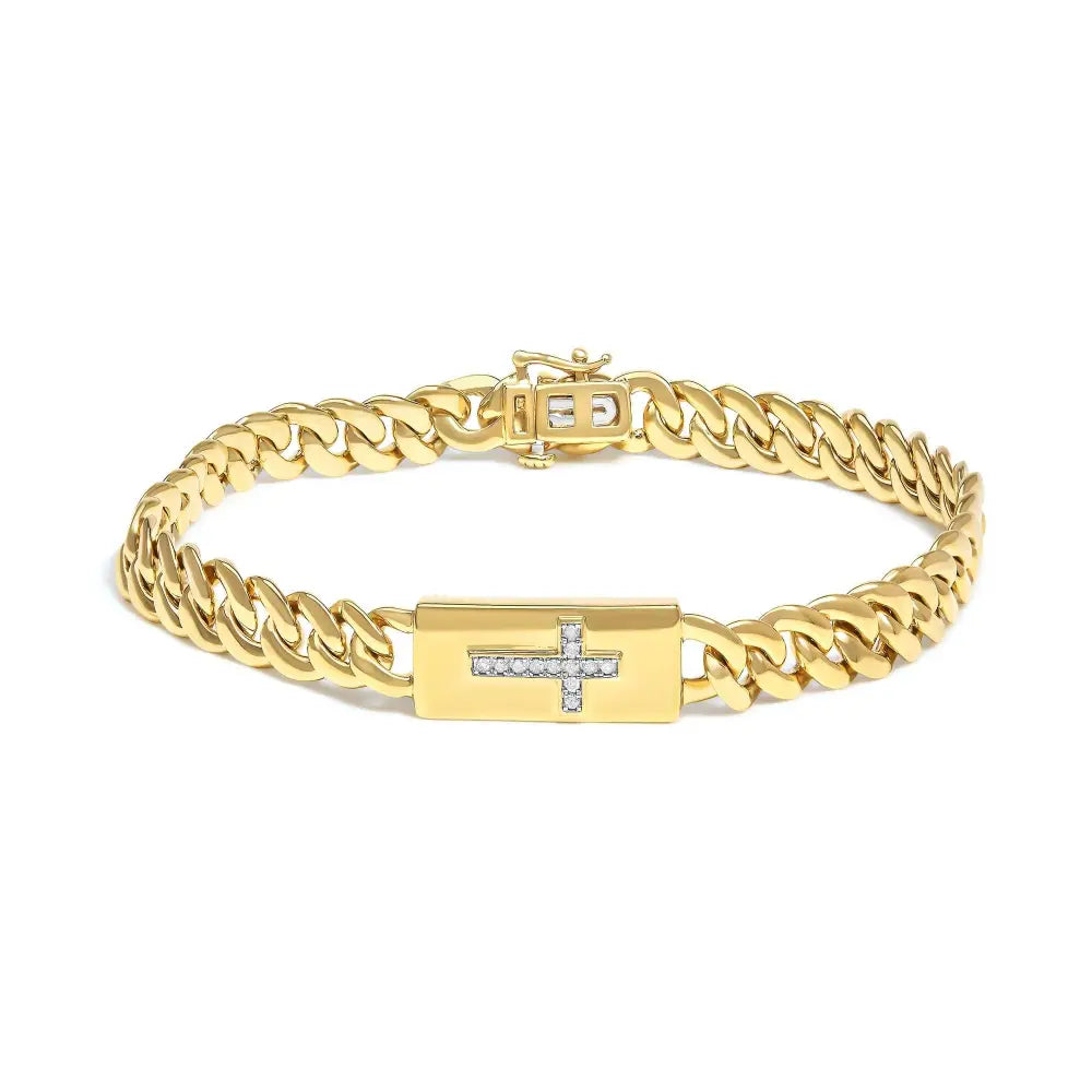 Diamond cross cuban link bracelet in 14k gold plated silver 7.25 inch bijoux-nyc direct