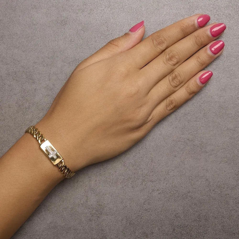 Diamond cross cuban link bracelet in 14k gold plated silver 7.25 inch bijoux-nyc direct