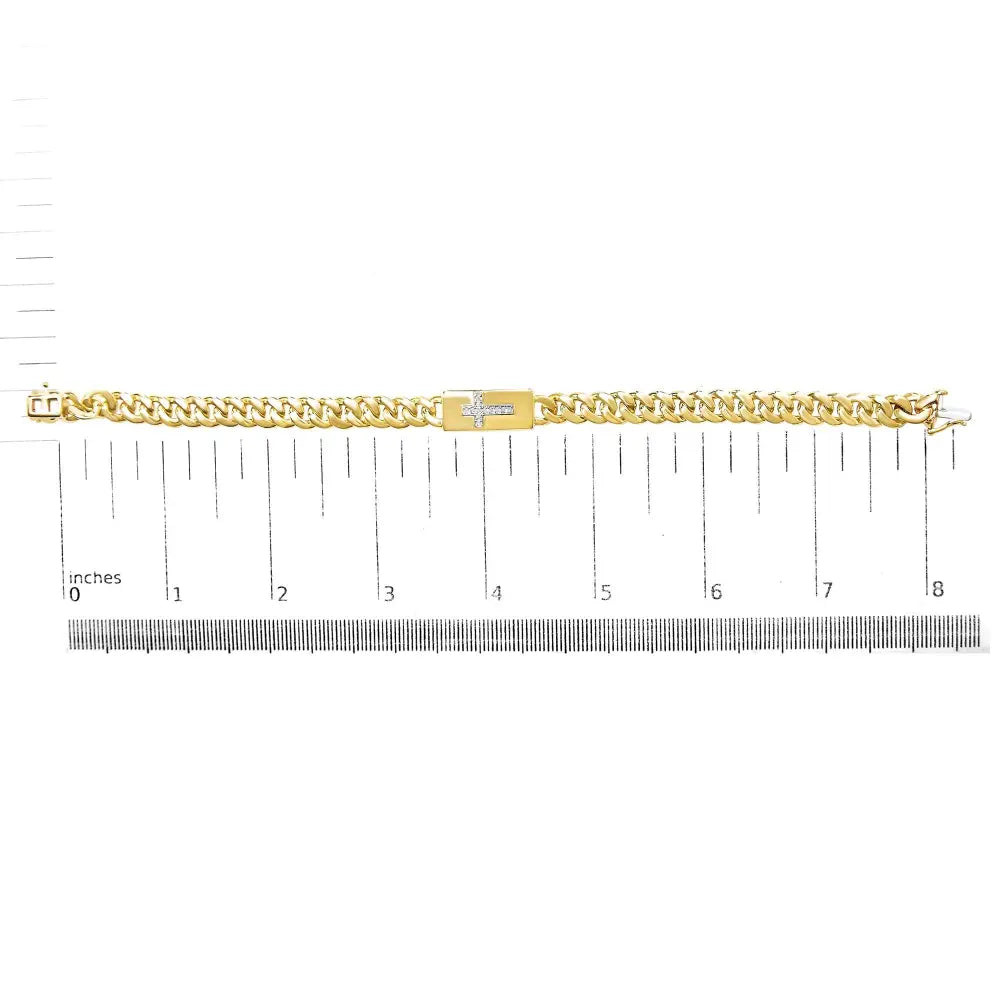 Diamond cross cuban link bracelet in 14k gold plated silver 7.25 inch bijoux-nyc direct
