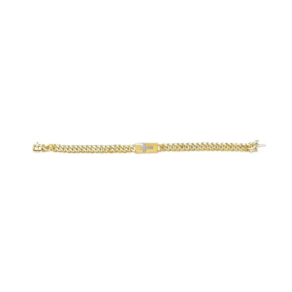 Diamond cross cuban link bracelet in 14k gold plated silver 7.25 inch bijoux-nyc direct