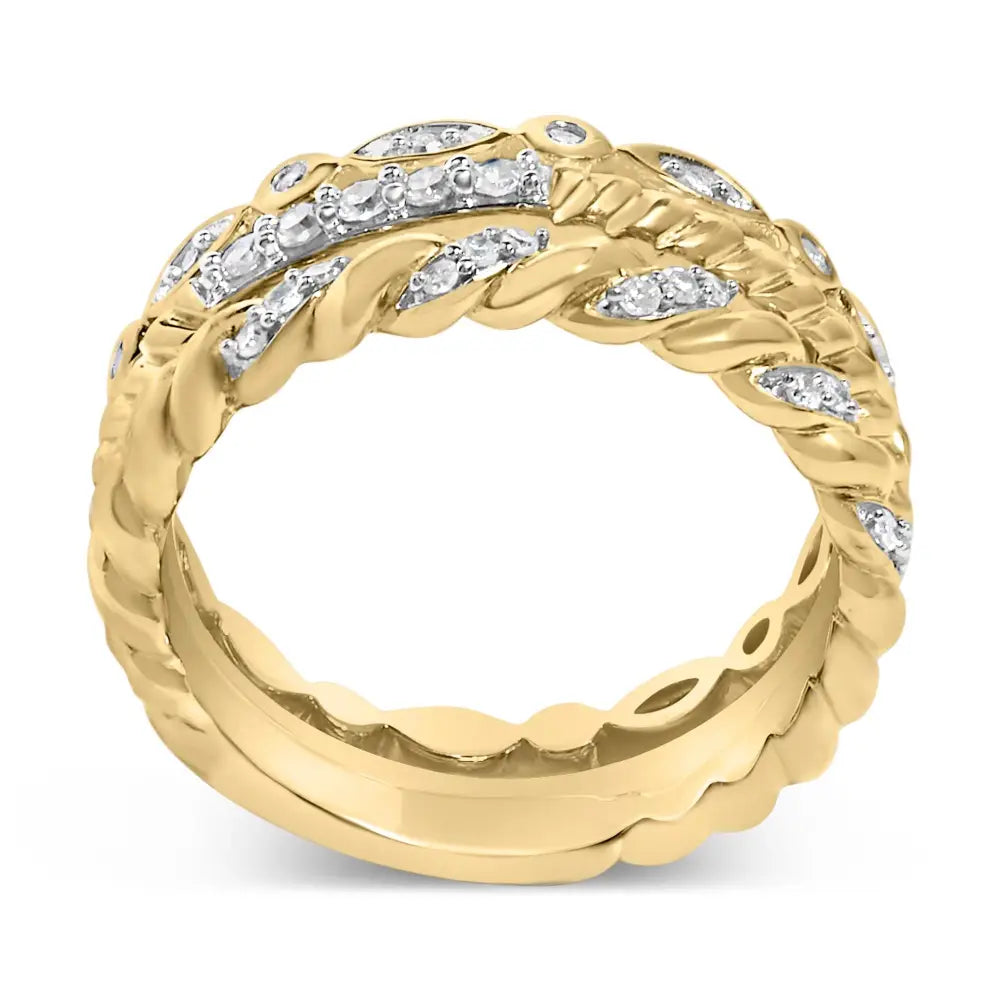 14k yellow gold plated silver 1/4 cttw diamond twist leaf stackable rings bijoux-nyc direct