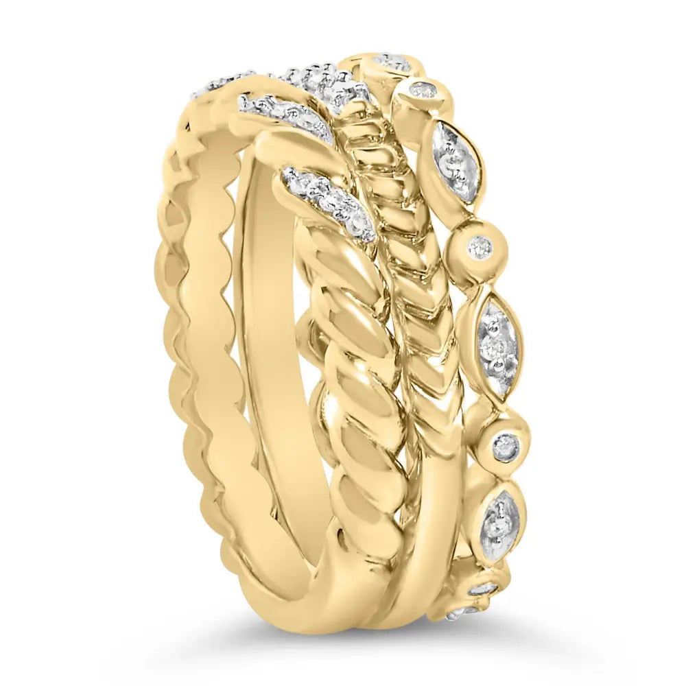 14k yellow gold plated silver 1/4 cttw diamond twist leaf stackable rings bijoux-nyc direct