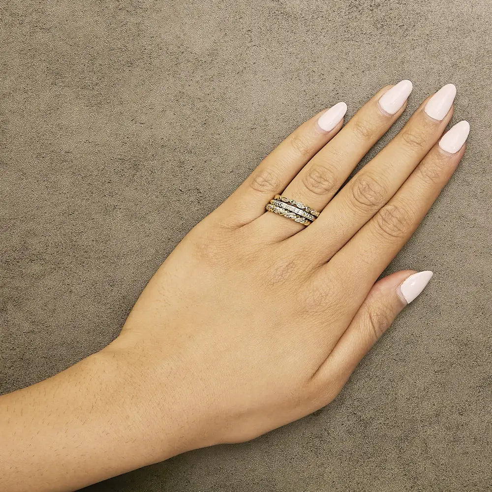 14k yellow gold plated silver 1/4 cttw diamond twist leaf stackable rings bijoux-nyc direct