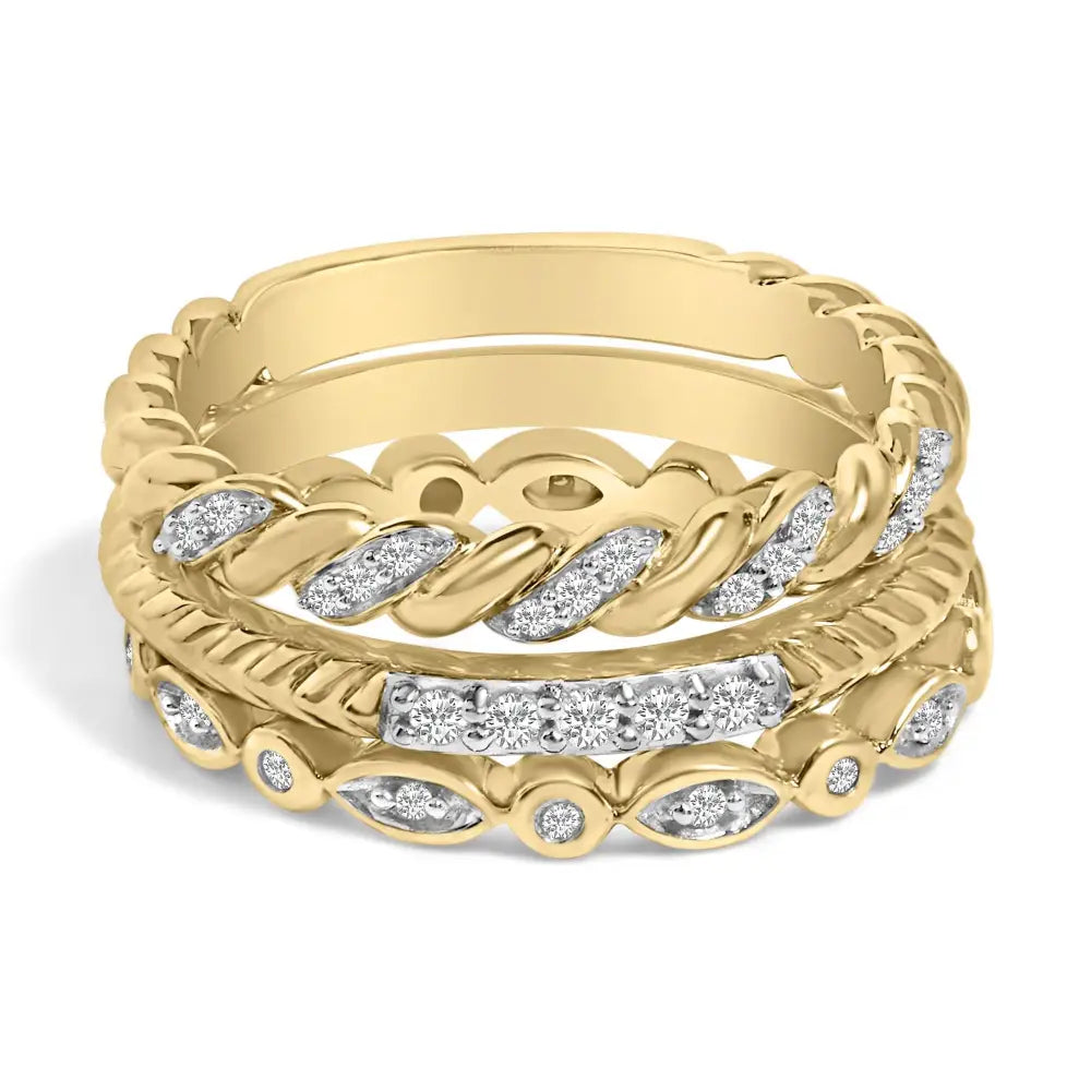 14k yellow gold plated silver 1/4 cttw diamond twist leaf stackable rings bijoux-nyc direct
