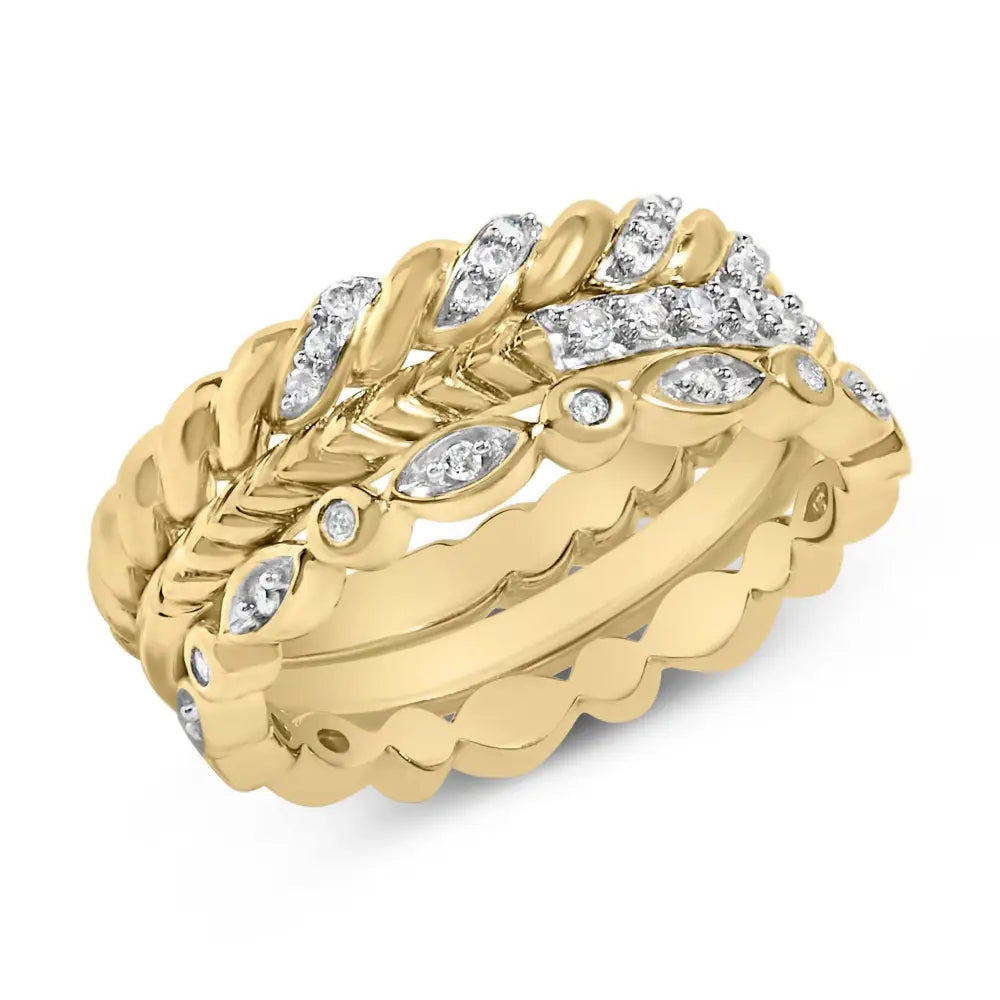 14k yellow gold plated silver 1/4 cttw diamond twist leaf stackable rings bijoux-nyc direct