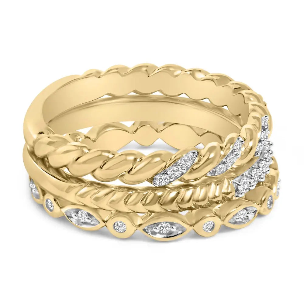 14k yellow gold plated silver 1/4 cttw diamond twist leaf stackable rings bijoux-nyc direct