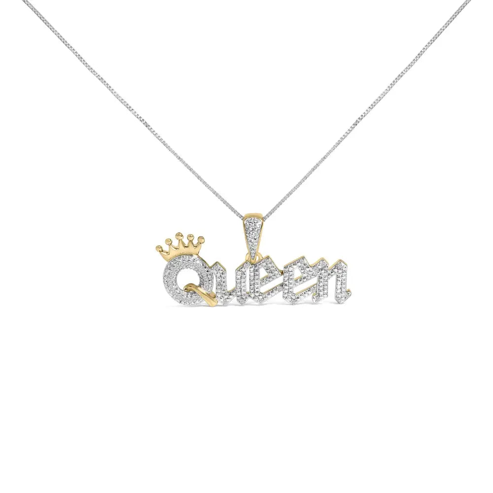14k gold plated silver 1/10 cttw diamond queen nameplate necklace bijoux-nyc direct