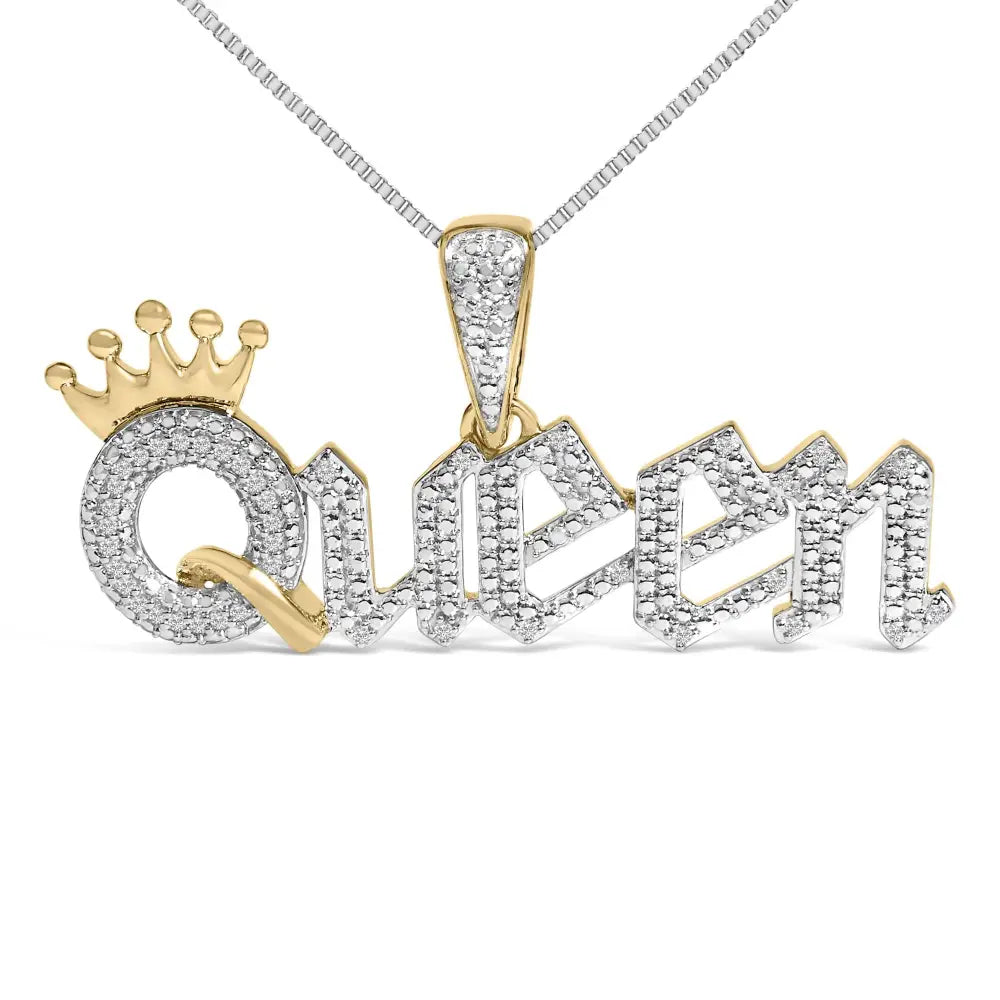 14k gold plated silver 1/10 cttw diamond queen nameplate necklace bijoux-nyc direct