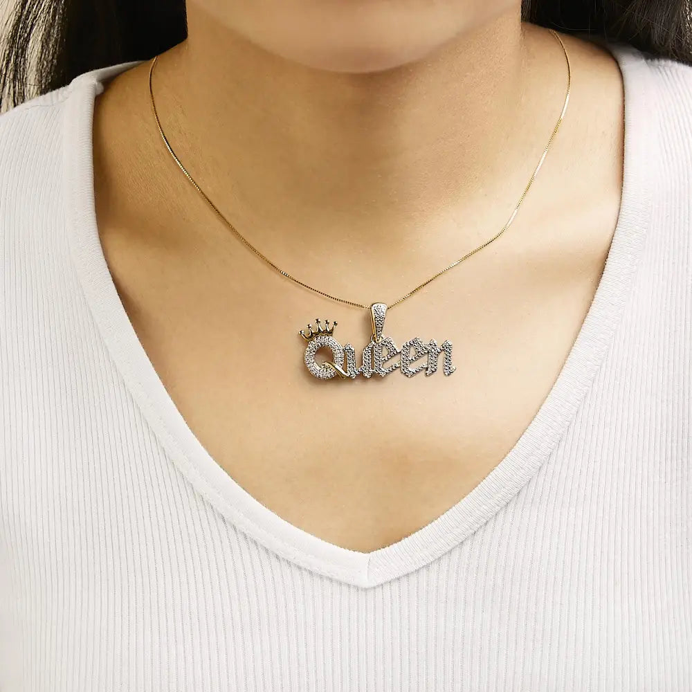 14k gold plated silver 1/10 cttw diamond queen nameplate necklace bijoux-nyc direct