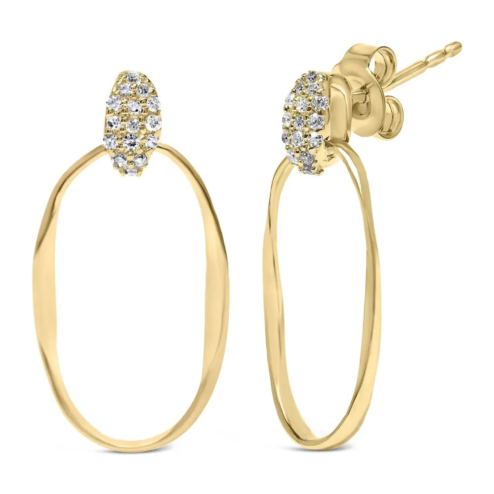 14K Yellow Gold Plated Sterling Silver 1/10 Cttw Diamond Textured Open Oval Dangle Hoop Earrings (H-I Color, I1-I2 Clarity) - Bijoux-NYC Direct