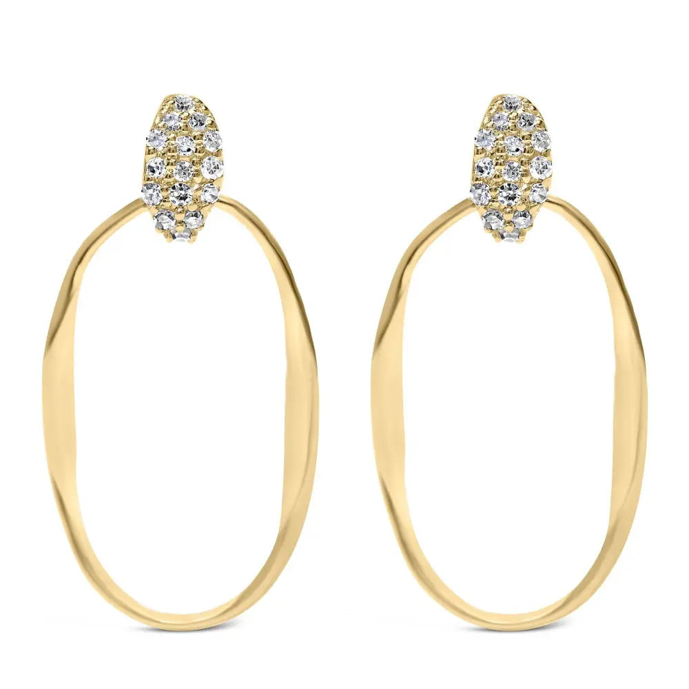 14K Yellow Gold Plated Sterling Silver 1/10 Cttw Diamond Textured Open Oval Dangle Hoop Earrings (H-I Color, I1-I2 Clarity) - Bijoux-NYC Direct