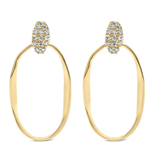 14K Yellow Gold Plated Sterling Silver 1/10 Cttw Diamond Textured Open Oval Dangle Hoop Earrings (H-I Color, I1-I2 Clarity) - Bijoux-NYC Direct