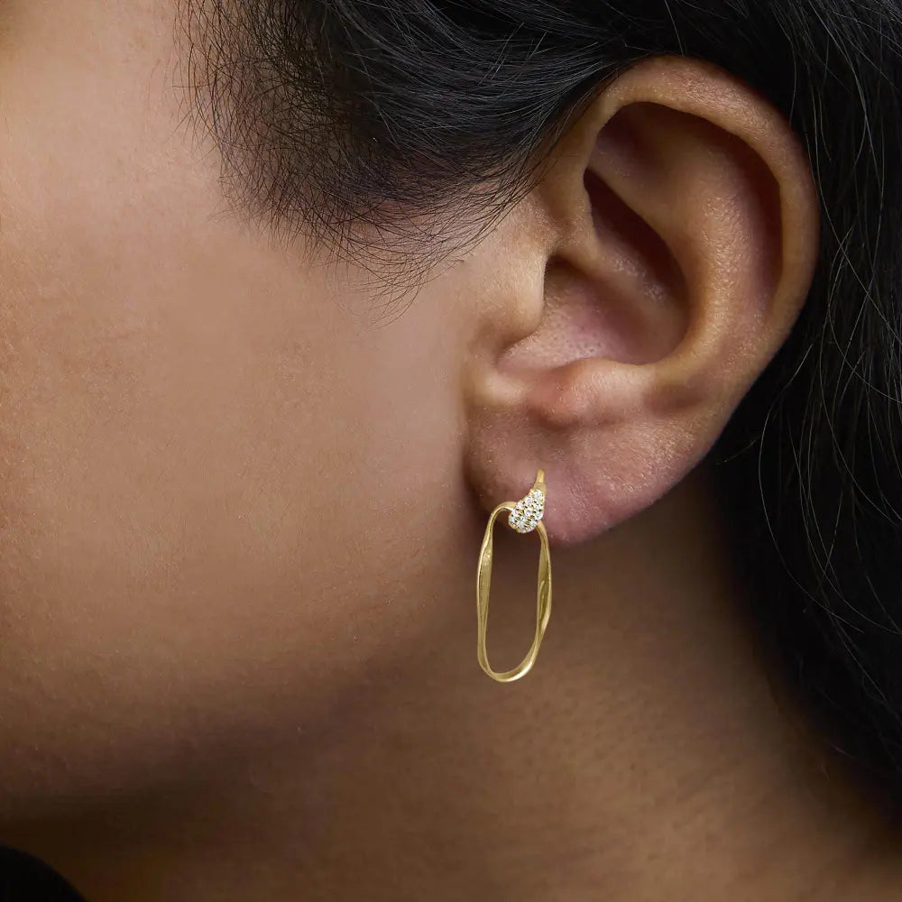 14K Yellow Gold Plated Sterling Silver 1/10 Cttw Diamond Textured Open Oval Dangle Hoop Earrings (H-I Color, I1-I2 Clarity) - Bijoux-NYC Direct