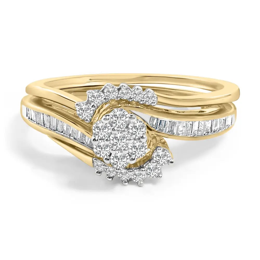 14k yellow gold plated sterling silver 1/2 cttw diamond cluster spiral bridal set bijoux-nyc direct