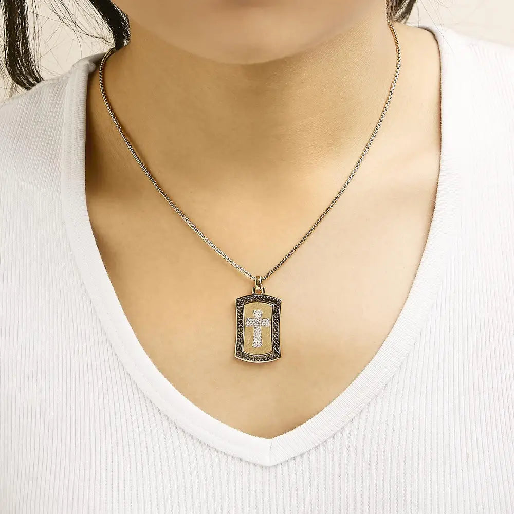 Diamond cross dog tag pendant in 14k gold plated sterling silver bijoux-nyc direct
