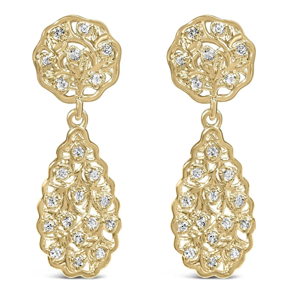 14K Yellow Gold Plated Sterling Silver 1/5 Cttw Diamond Teardrop Filigree Earrings (H-I Color, I1-I2 Clarity) - Bijoux-NYC Direct