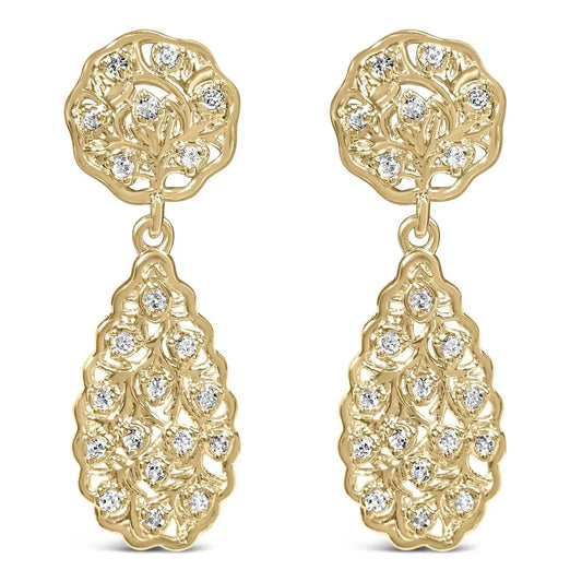 14K Yellow Gold Plated Sterling Silver 1/5 Cttw Diamond Teardrop Filigree Earrings (H-I Color, I1-I2 Clarity) - Bijoux-NYC Direct