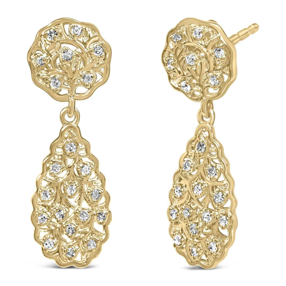 14K Yellow Gold Plated Sterling Silver 1/5 Cttw Diamond Teardrop Filigree Earrings (H-I Color, I1-I2 Clarity) - Bijoux-NYC Direct