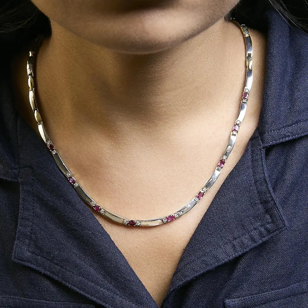 14k yellow gold oval ruby and 3/8 cttw diamond alternating link necklace bijoux-nyc direct