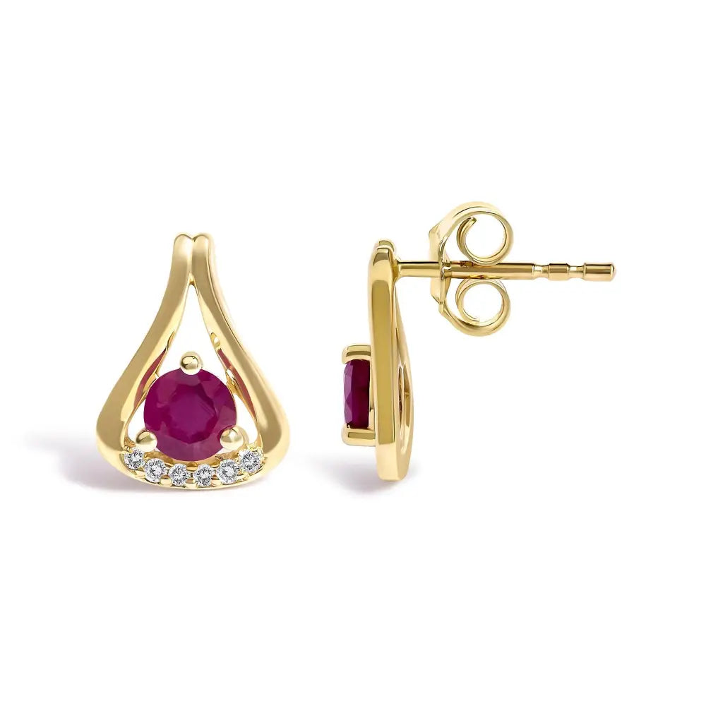 14k yellow gold red ruby and diamond teardrop stud earrings bijoux-nyc direct