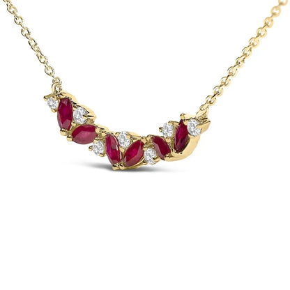 14K Yellow Gold Red Ruby and Diamond Trio Bar Line Necklace (I-J Color, SI2-I1 Clarity) - 18 inch - Bijoux-NYC Direct