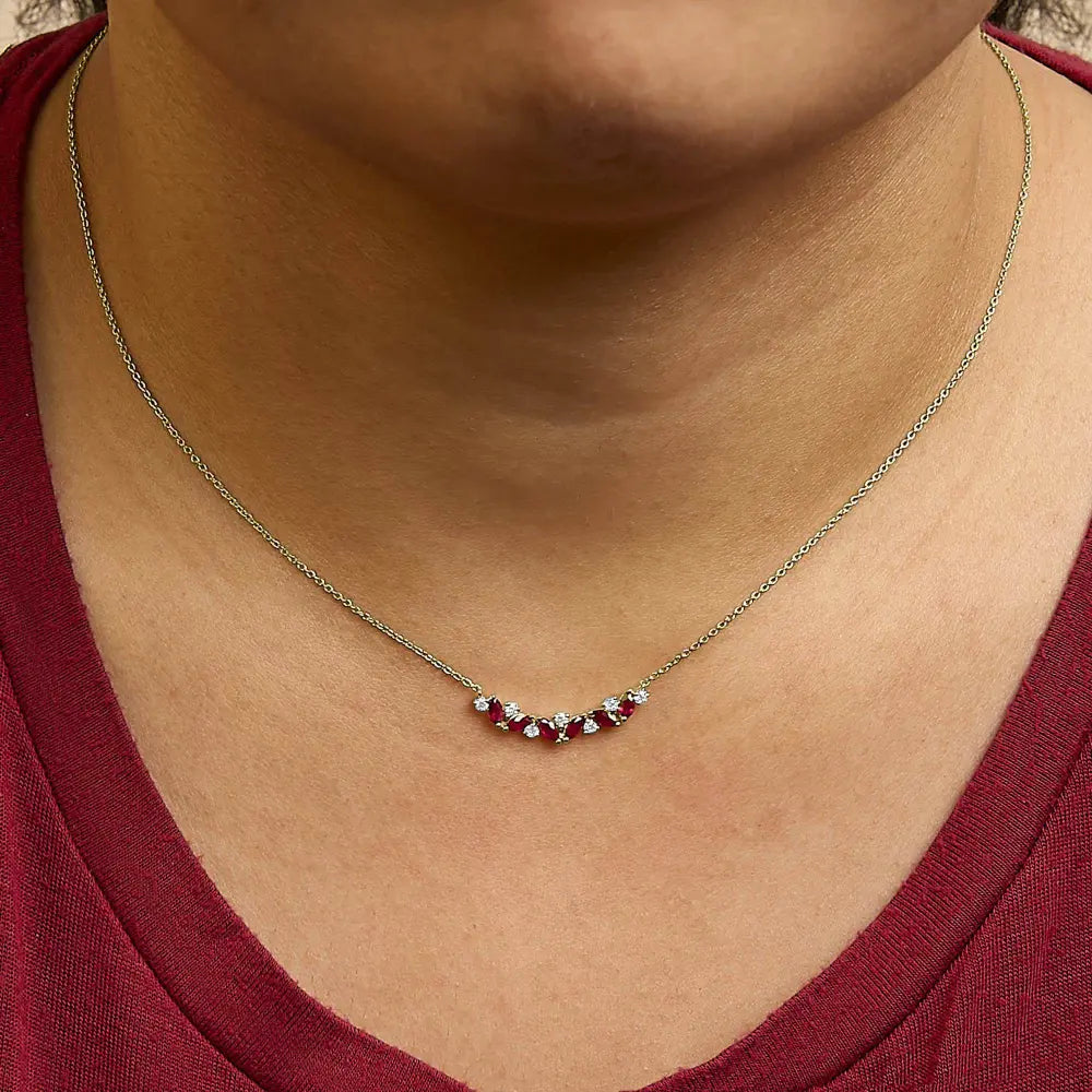 14K Yellow Gold Red Ruby and Diamond Trio Bar Line Necklace (I-J Color, SI2-I1 Clarity) - 18 inch - Bijoux-NYC Direct