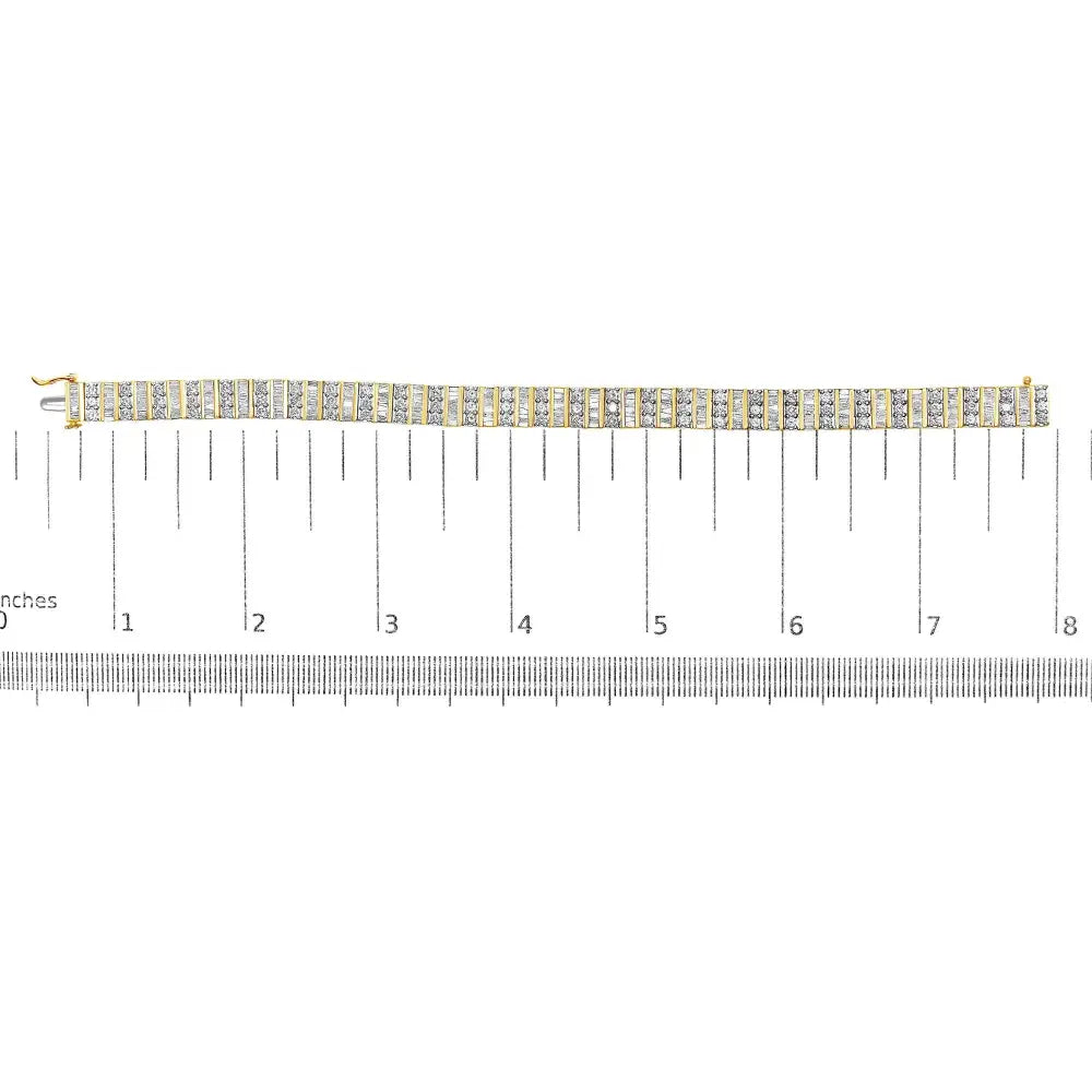 14k yellow gold round and baguette diamond tennis bracelet 5.50 cttw bijoux-nyc direct