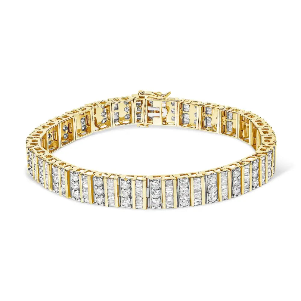 14k yellow gold round and baguette diamond tennis bracelet 5.50 cttw bijoux-nyc direct