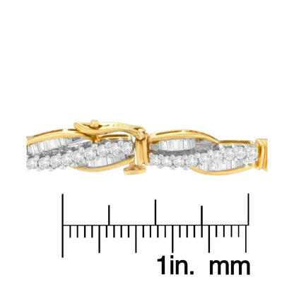 14K Yellow Gold Round and Baguette Cut Winding Love Diamond Bracelet (3.00 cttw, H-I Color, SI1-SI2 Clarity) - Bijoux-NYC Direct