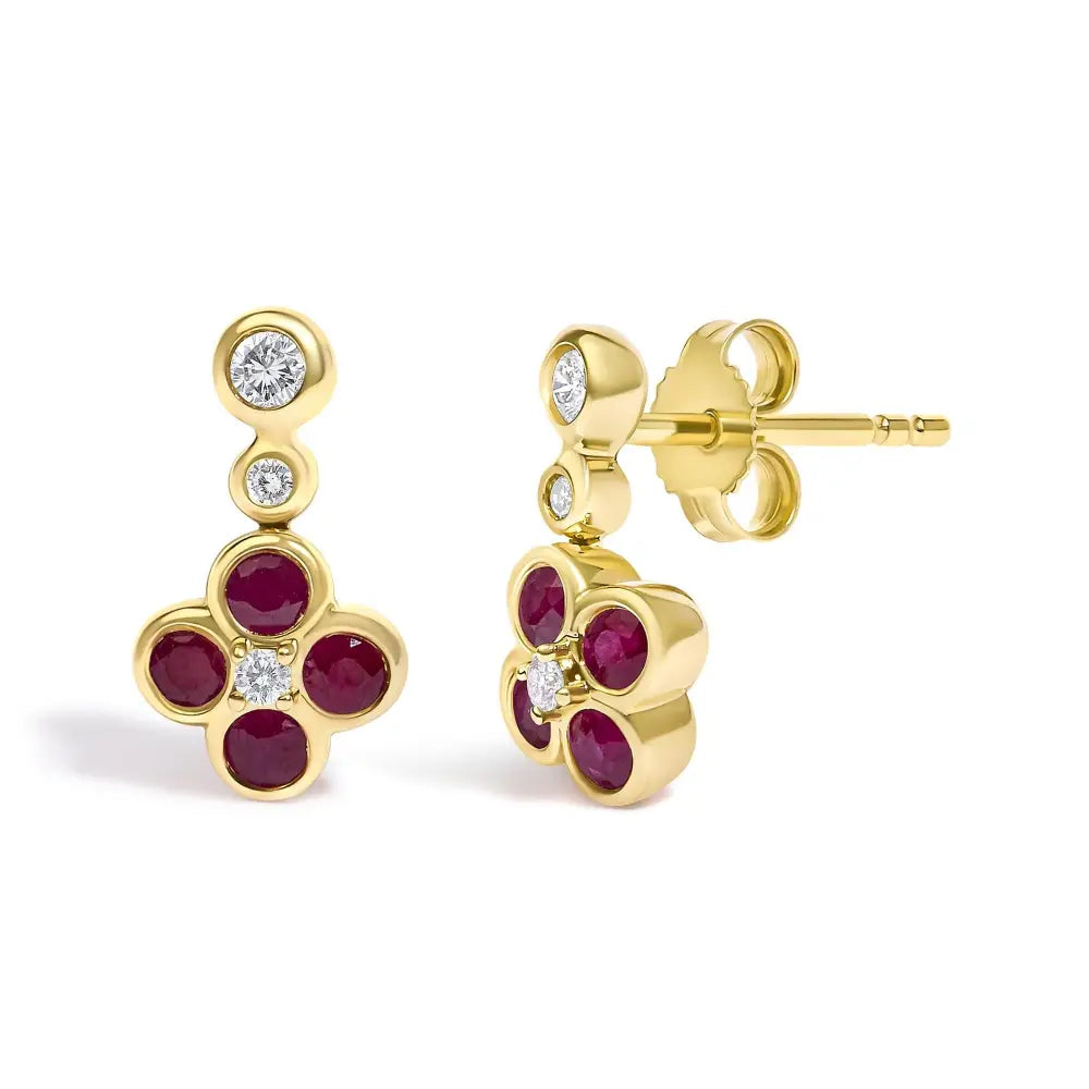 14k yellow gold ruby and 1/10 cttw diamond floral dangle earrings bijoux-nyc direct