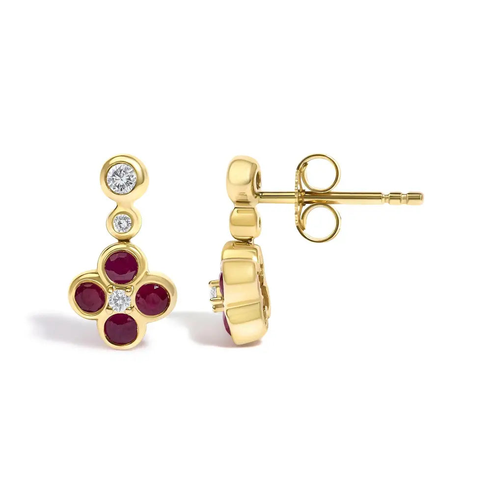 14k yellow gold ruby and 1/10 cttw diamond floral dangle earrings bijoux-nyc direct